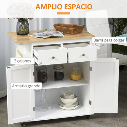 Kitchen Cart with Wheels, Serving Trolley with 2 Drawers, Storage Cabinet, Adjustable Interior Shelf, 3 Spice Racks, and Hanging Bar 89x45x89.5 cm White