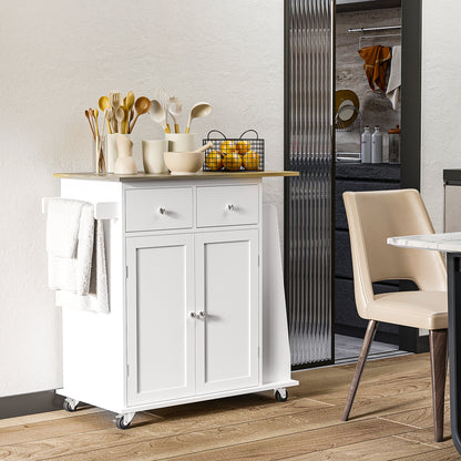 Kitchen Cart with Wheels, Serving Trolley with 2 Drawers, Storage Cabinet, Adjustable Interior Shelf, 3 Spice Racks, and Hanging Bar 89x45x89.5 cm White
