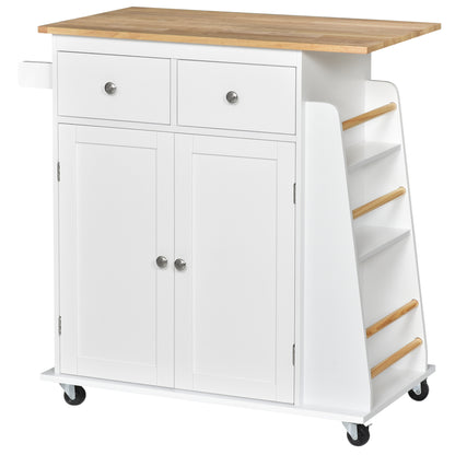 Kitchen Cart with Wheels, Serving Trolley with 2 Drawers, Storage Cabinet, Adjustable Interior Shelf, 3 Spice Racks, and Hanging Bar 89x45x89.5 cm White