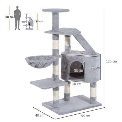 Scratching Tree for Cats Large 55x40x125 cm Cat Tower with Posts Ladder Spacious Cave Hammock and Various Platforms Grey