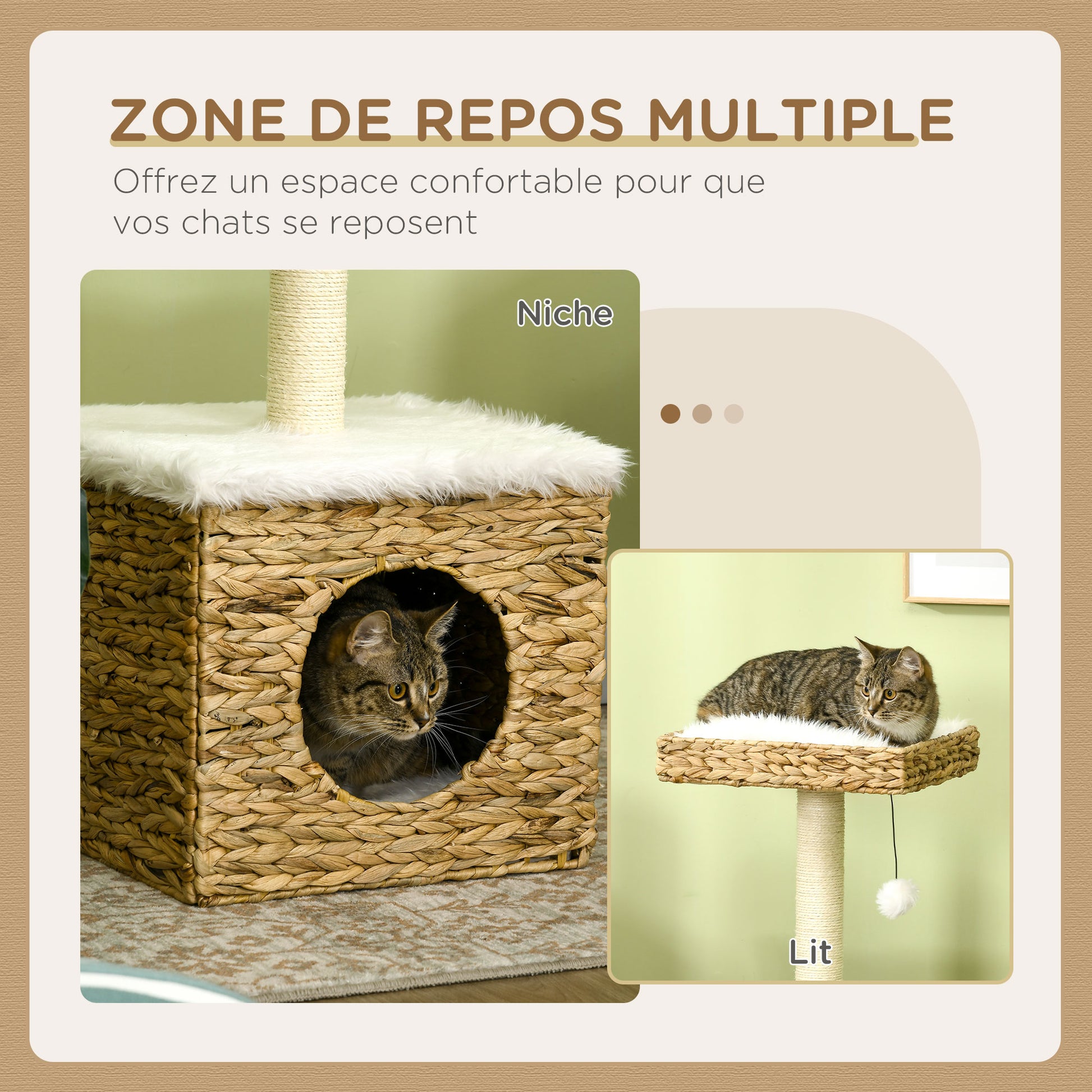2-Level Cat Tree with 1 Niche, 1 Sisal Pole, 1 Observation Platform, and 1 Hanging Pompon - 2 Removable Cushions - Water Hyacinth