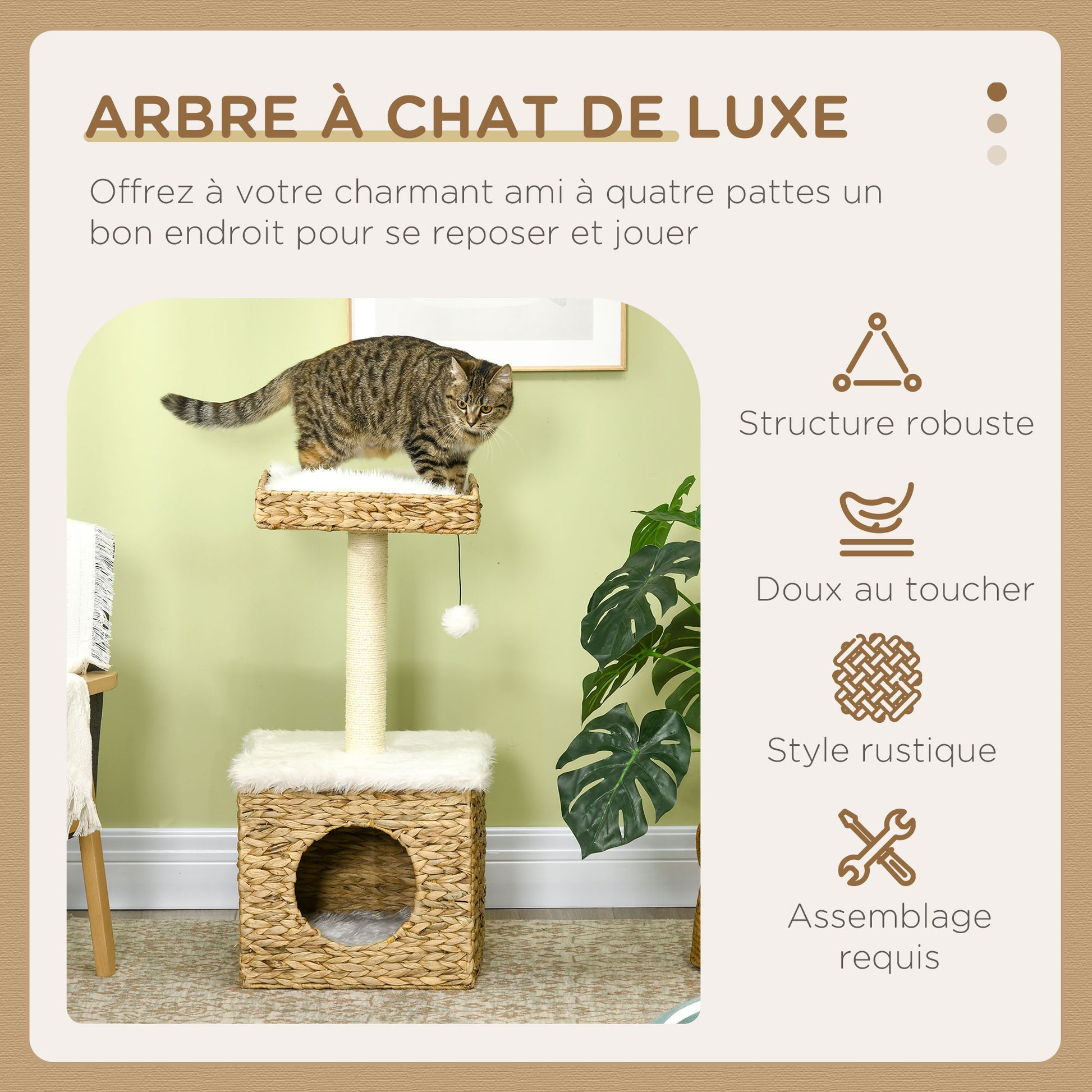 2-Level Cat Tree with 1 Niche, 1 Sisal Pole, 1 Observation Platform, and 1 Hanging Pompon - 2 Removable Cushions - Water Hyacinth
