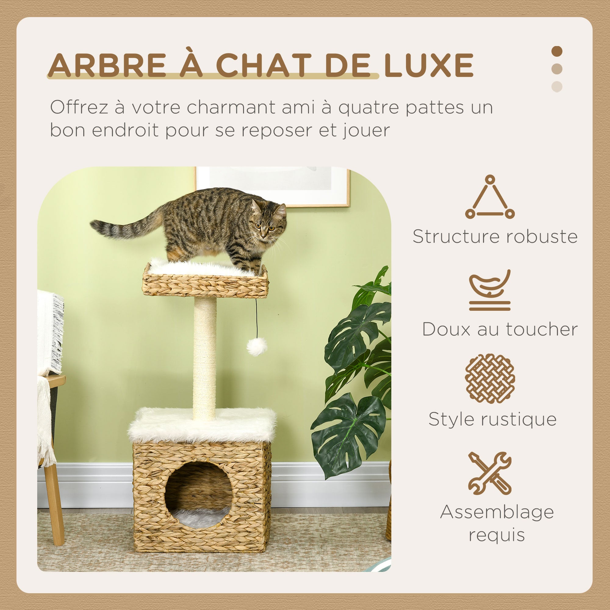 2-Level Cat Tree with 1 Niche, 1 Sisal Pole, 1 Observation Platform, and 1 Hanging Pompon - 2 Removable Cushions - Water Hyacinth