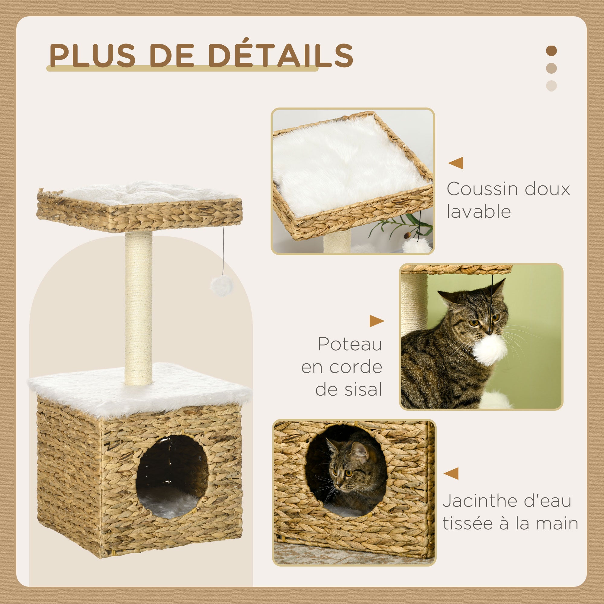 2-Level Cat Tree with 1 Niche, 1 Sisal Pole, 1 Observation Platform, and 1 Hanging Pompon - 2 Removable Cushions - Water Hyacinth