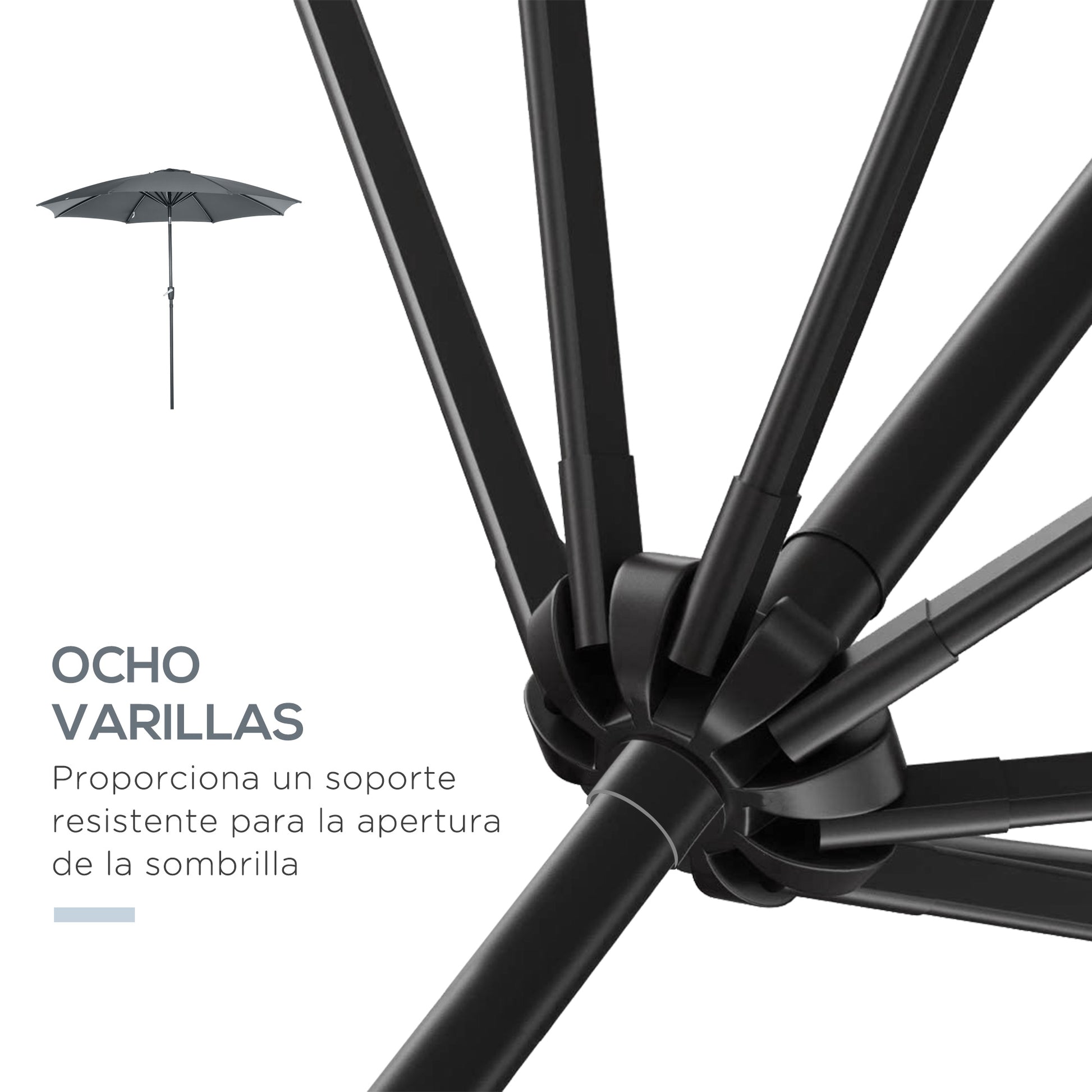 Ø300x252 cm Garden Umbrella Terrace Parasol with Crank Adjustable Roof and 8 Metal Ribs for Patio Balcony Outdoor Gray