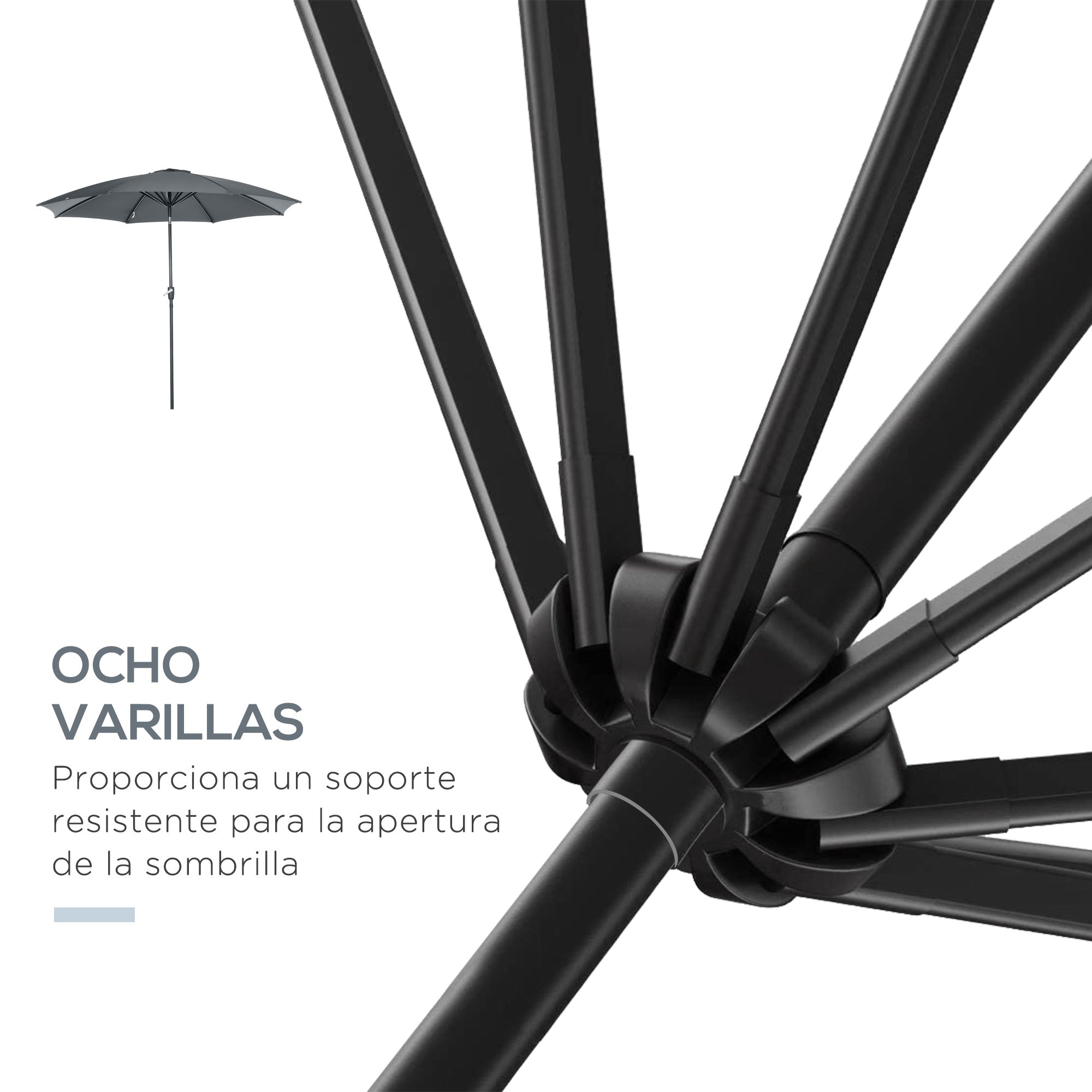 Ø300x252 cm Garden Umbrella Terrace Parasol with Crank Adjustable Roof and 8 Metal Ribs for Patio Balcony Outdoor Gray