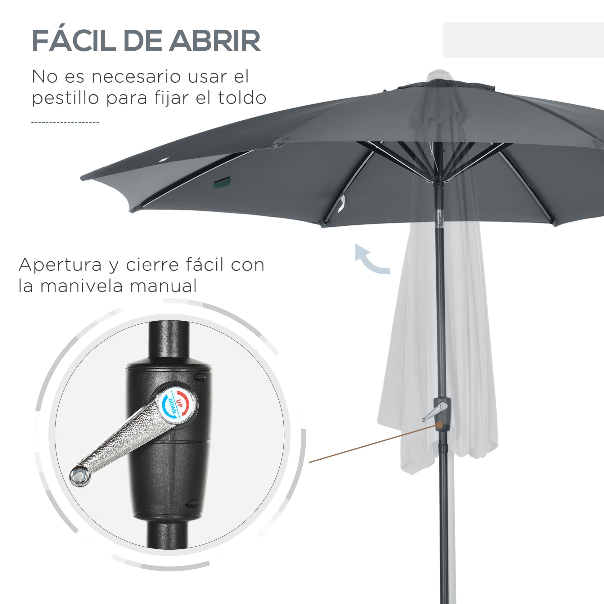 Ø300x252 cm Garden Umbrella Terrace Parasol with Crank Adjustable Roof and 8 Metal Ribs for Patio Balcony Outdoor Gray