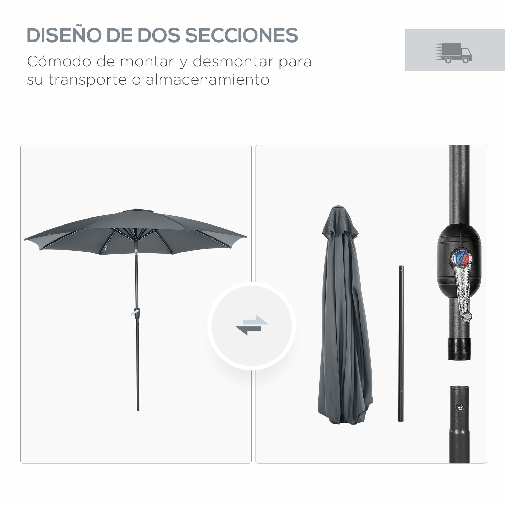 Ø300x252 cm Garden Umbrella Terrace Parasol with Crank Adjustable Roof and 8 Metal Ribs for Patio Balcony Outdoor Gray