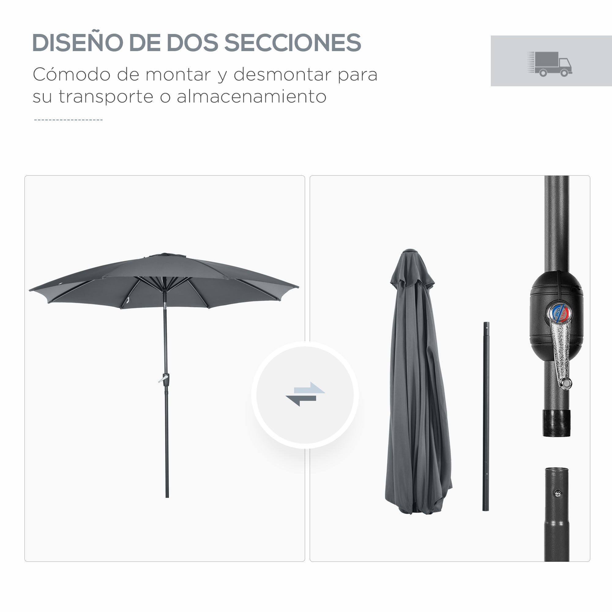Ø300x252 cm Garden Umbrella Terrace Parasol with Crank Adjustable Roof and 8 Metal Ribs for Patio Balcony Outdoor Gray