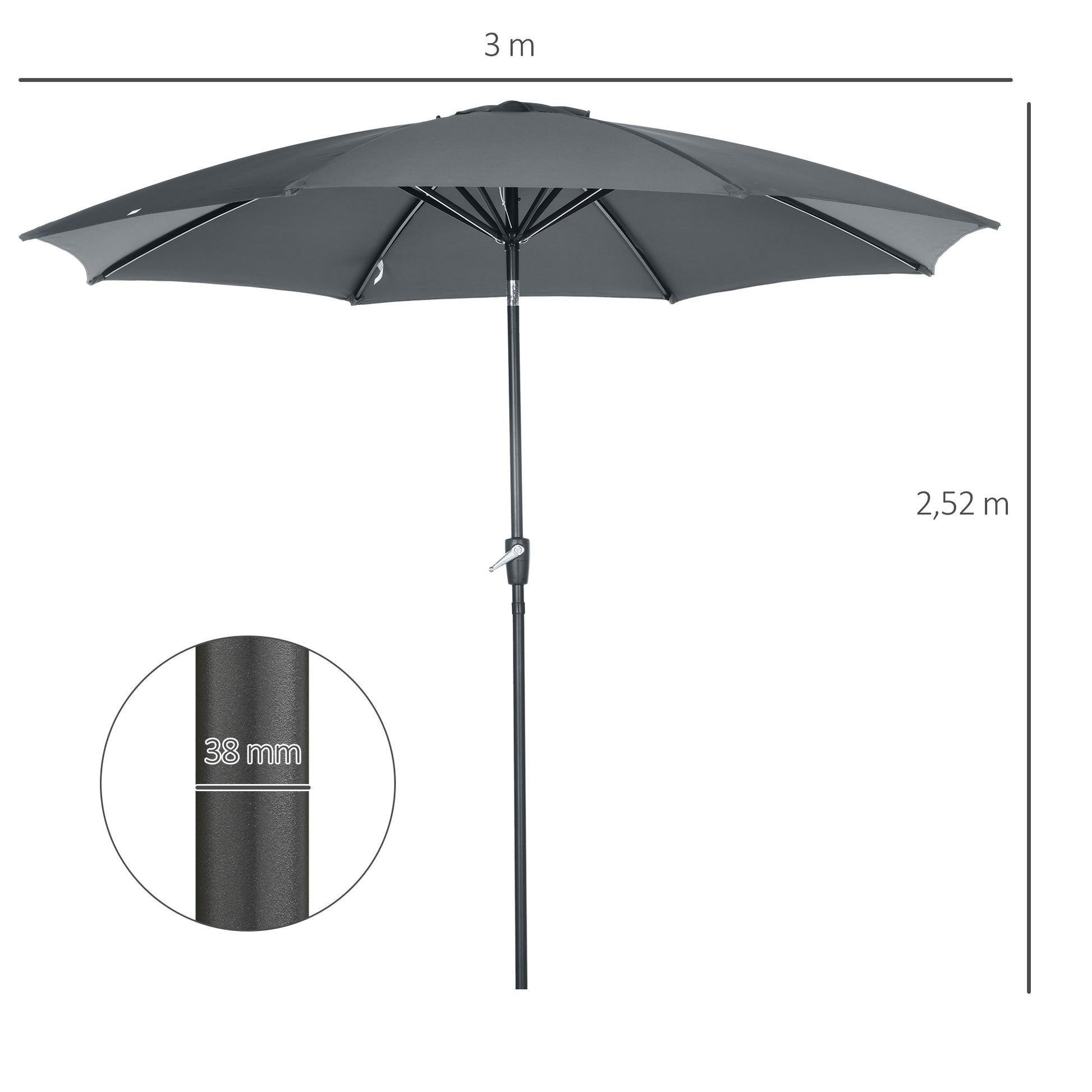 Ø300x252 cm Garden Umbrella Terrace Parasol with Crank Adjustable Roof and 8 Metal Ribs for Patio Balcony Outdoor Gray