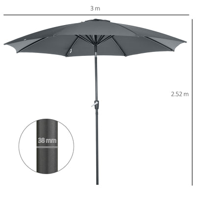 Ø300x252 cm Garden Umbrella Terrace Parasol with Crank Adjustable Roof and 8 Metal Ribs for Patio Balcony Outdoor Gray