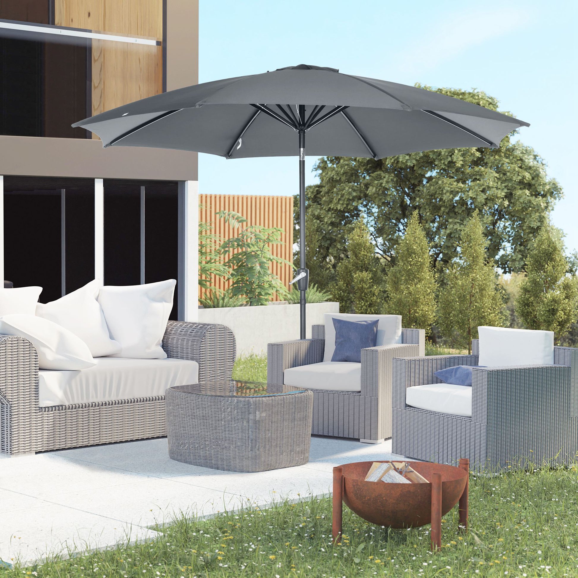 Ø300x252 cm Garden Umbrella Terrace Parasol with Crank Adjustable Roof and 8 Metal Ribs for Patio Balcony Outdoor Gray