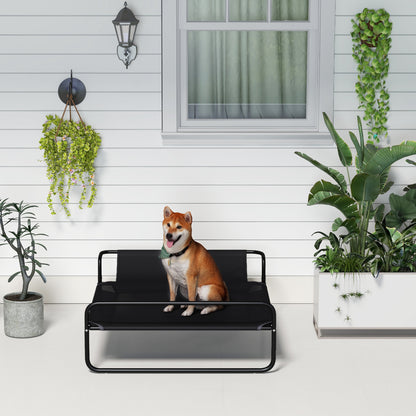 Raised Dog Bed Camp Bed for Dogs Cats Pets with Headrest, Micro-perforated Textilene Fabric, Indoor or Outdoor, 106 x 81 x 33 cm, Black