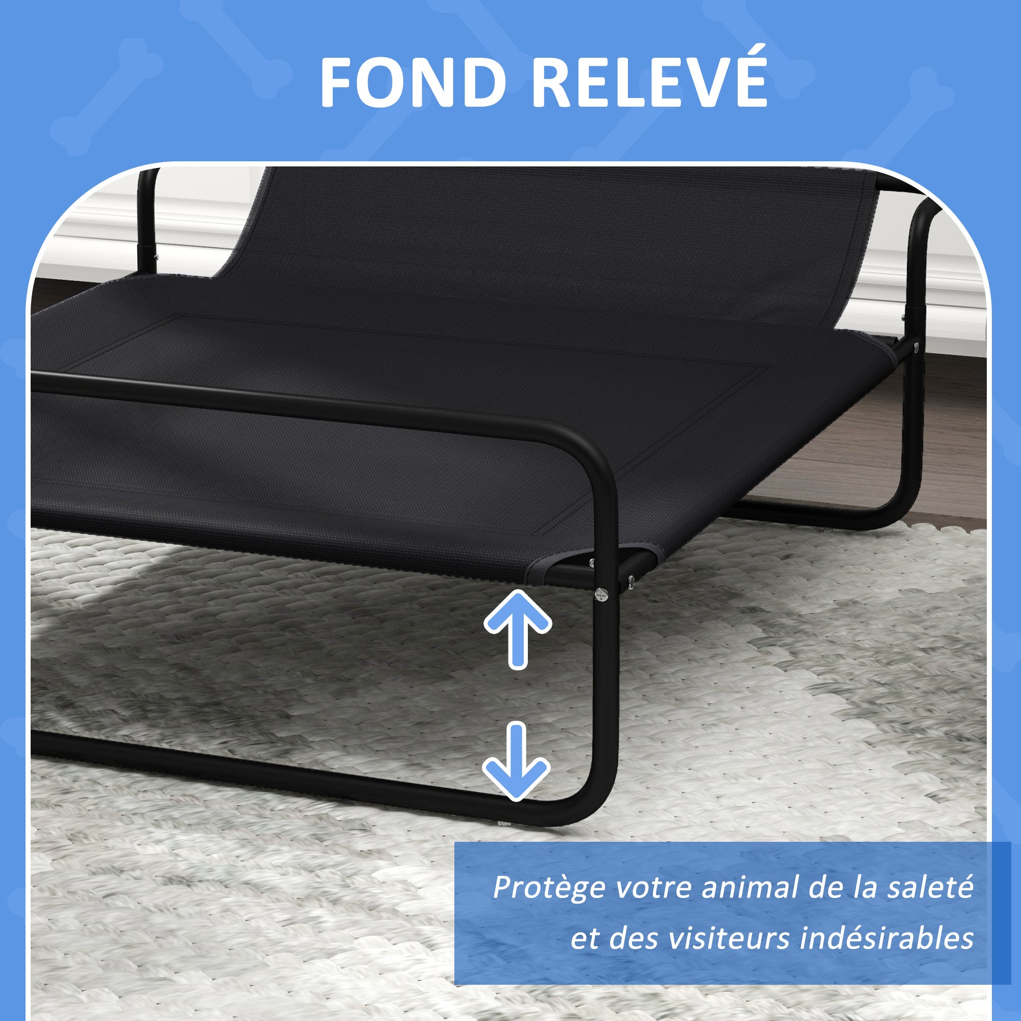 Raised Dog Bed Camp Bed for Dogs Cats Pets with Headrest, Micro-perforated Textilene Fabric, Indoor or Outdoor, 106 x 81 x 33 cm, Black