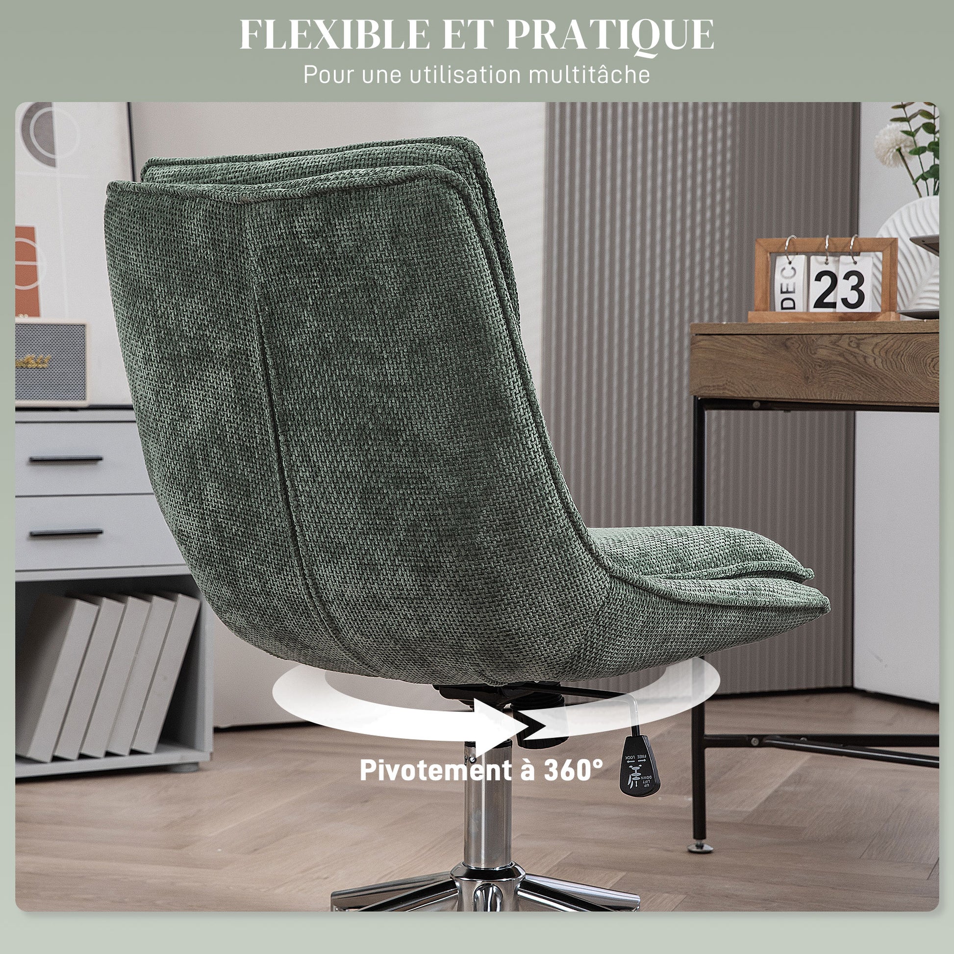 Office Chair in Fabric, Adjustable Height, 360° Swivel with 5 Wheels, Green