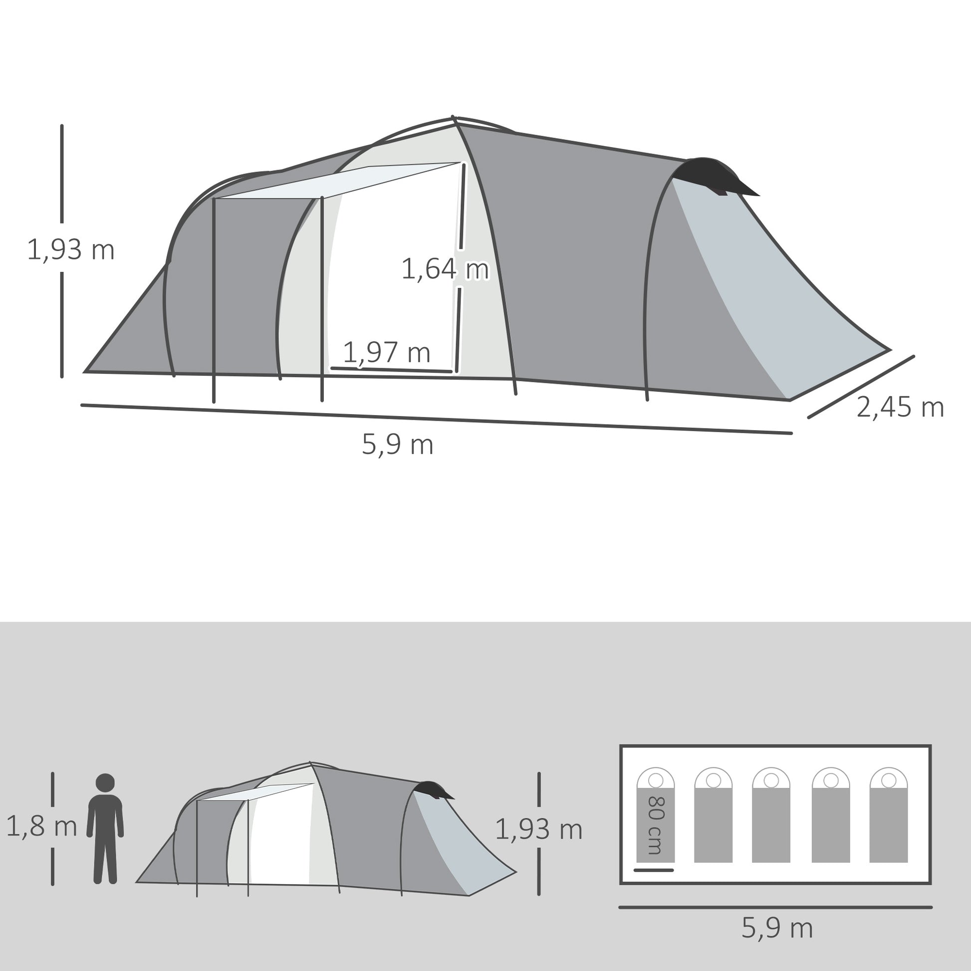 Family Camping Tent for 4-6 People Lightweight Portable Camp Tent with 2 Windows and Waterproof UV-Resistant Carry Bag for Hiking 590x245x193 cm Dark Grey