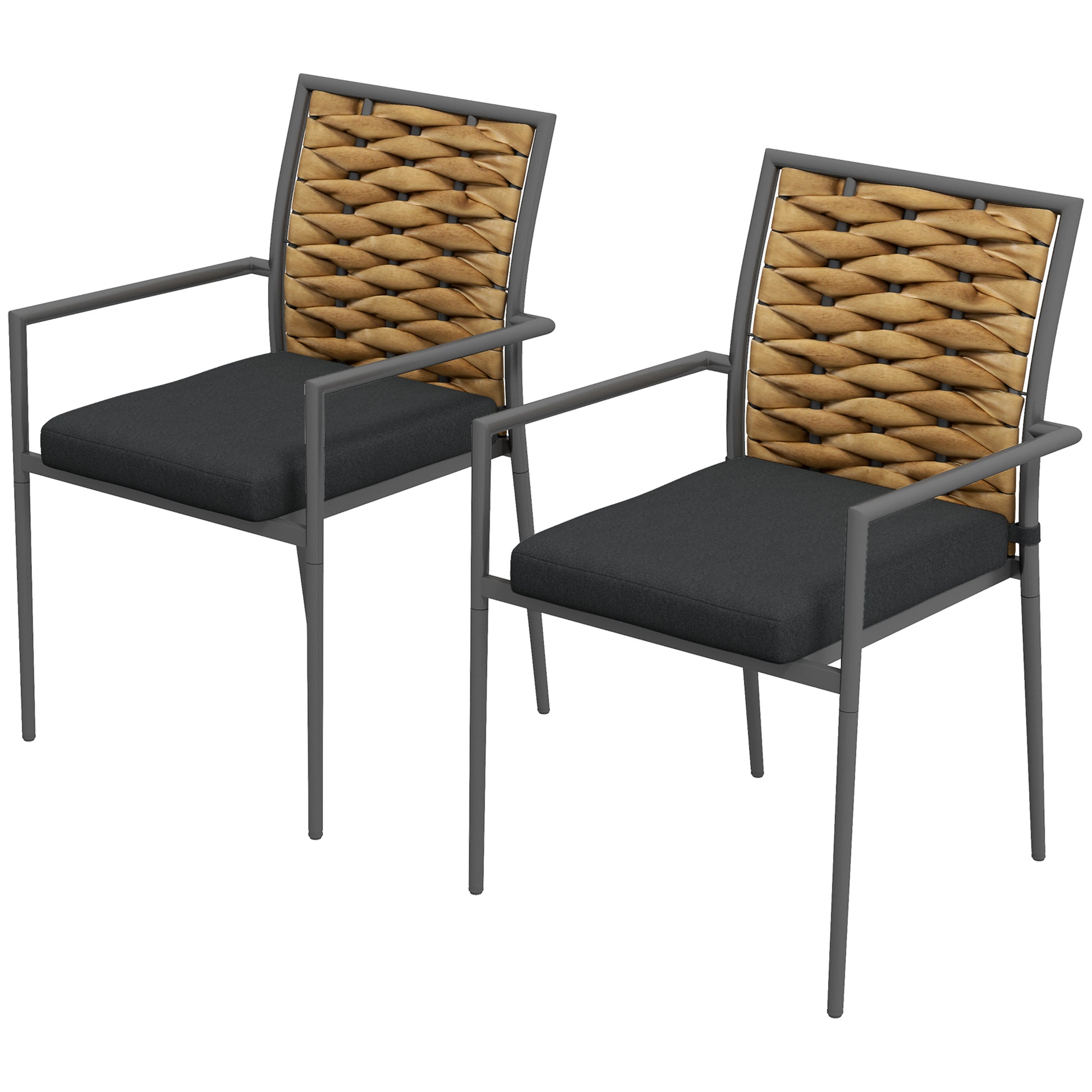 2-Piece Rattan Garden Chair Set with Cushions, Stackable Patio Chair, Balcony Chair for Terrace, Steel, 57 x 58 x 87 cm, Brown+Black+Gray