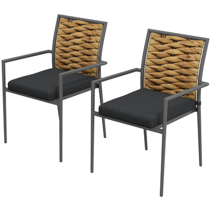 2-Piece Rattan Garden Chair Set with Cushions, Stackable Patio Chair, Balcony Chair for Terrace, Steel, 57 x 58 x 87 cm, Brown+Black+Gray