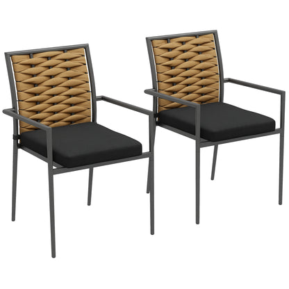 2-Piece Rattan Garden Chair Set with Cushions, Stackable Patio Chair, Balcony Chair for Terrace, Steel, 57 x 58 x 87 cm, Brown+Black+Gray