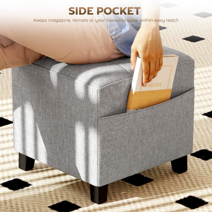 Square Ottoman with Side Pocket, Padded Seat, Rubberwood Legs, Linen-Look Fabric, 13.8 in, Light Gray