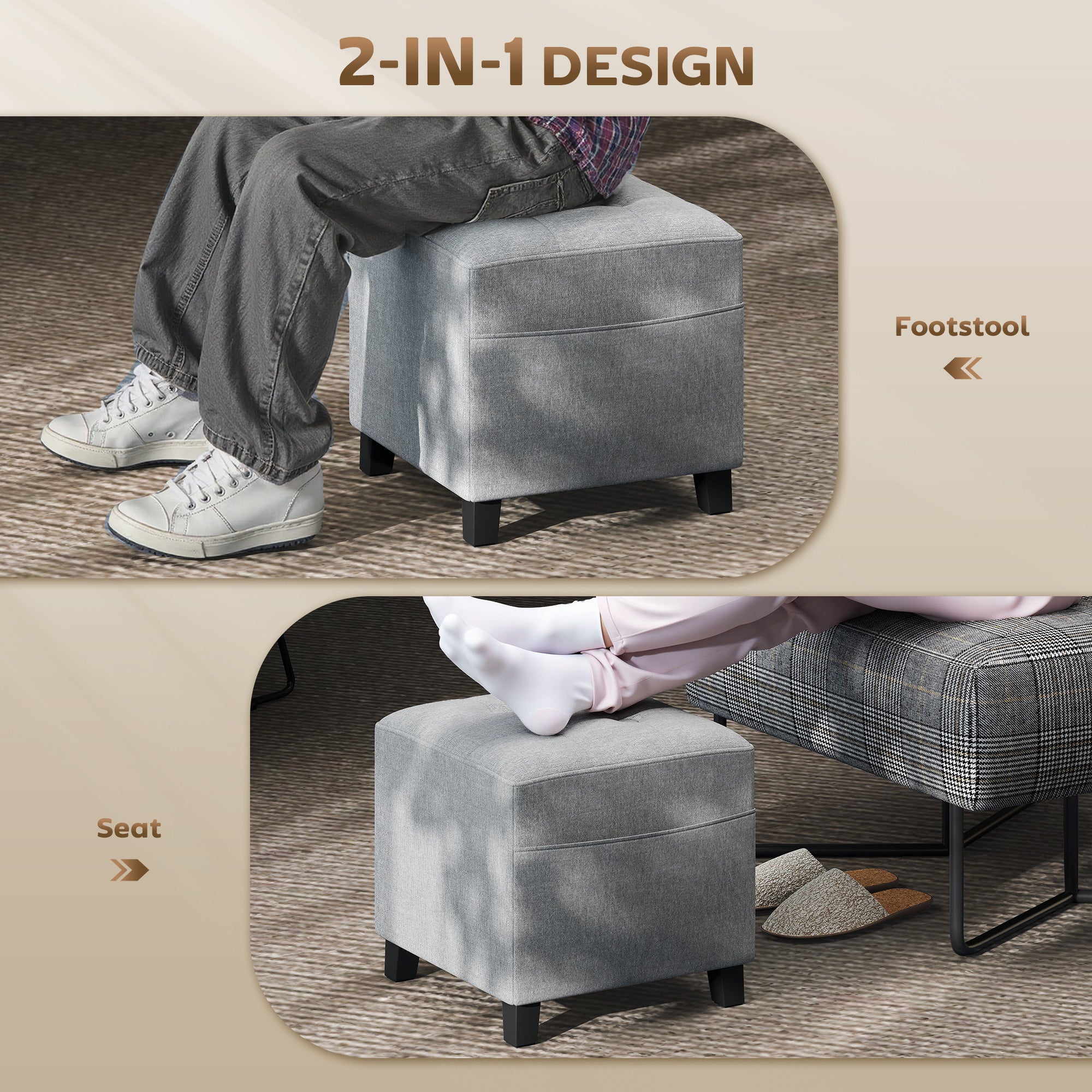 Square Ottoman with Side Pocket, Padded Seat, Rubberwood Legs, Linen-Look Fabric, 13.8 in, Light Gray
