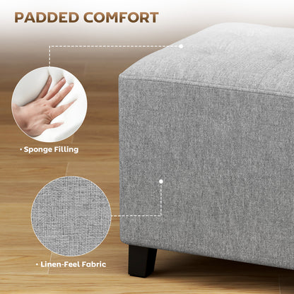 Square Ottoman with Side Pocket, Padded Seat, Rubberwood Legs, Linen-Look Fabric, 13.8 in, Light Gray