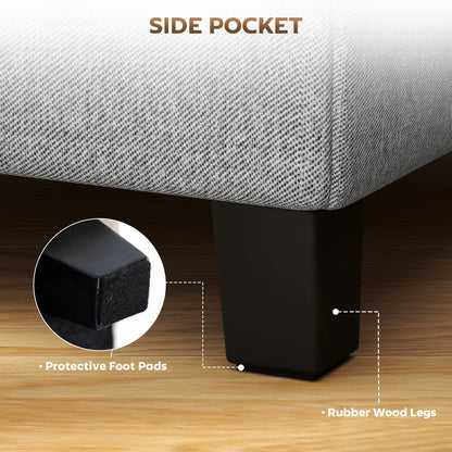 Square Ottoman with Side Pocket, Padded Seat, Rubberwood Legs, Linen-Look Fabric, 13.8 in, Light Gray