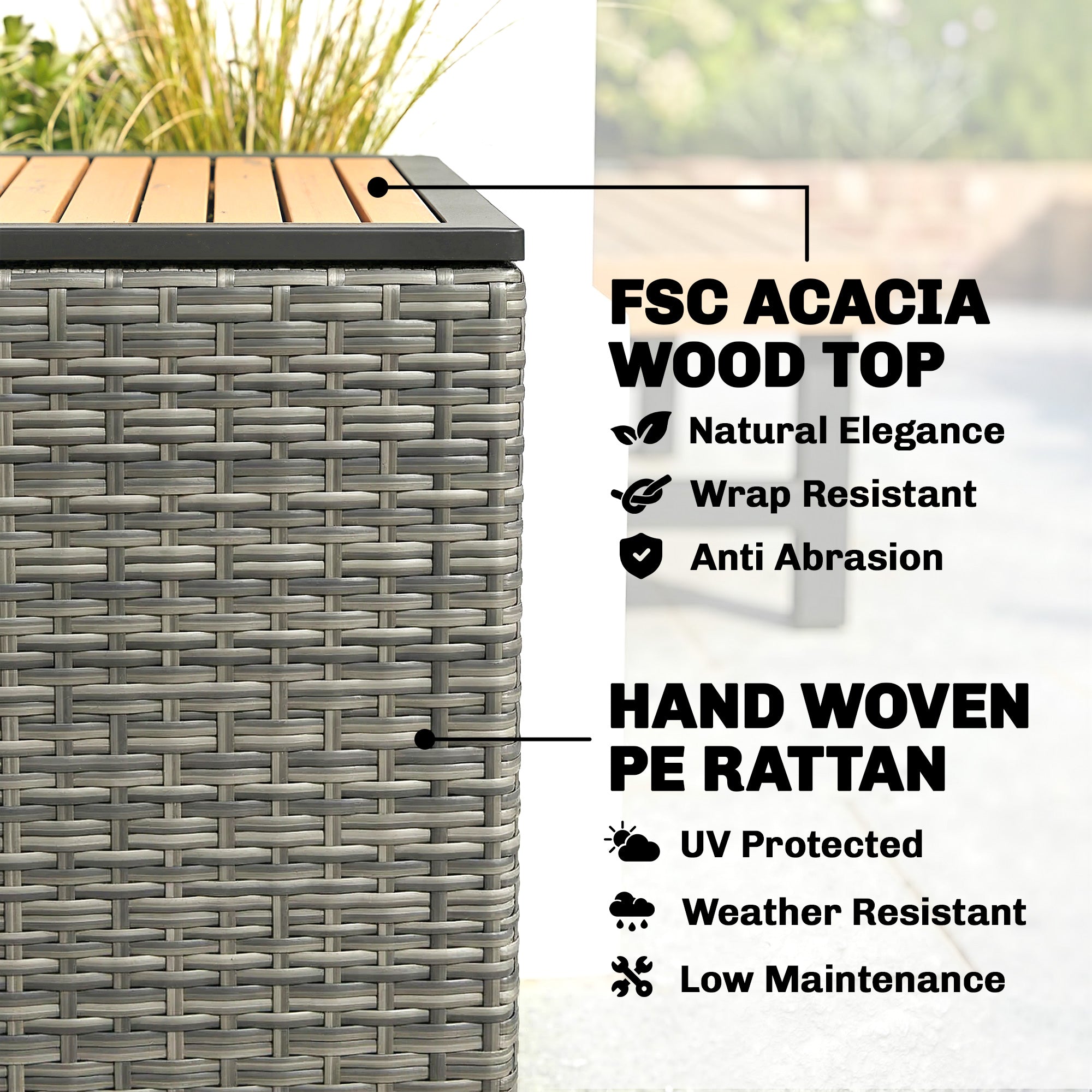 2-in-1 Outdoor Rattan Storage Box 450 L — Waterproof Cushion Box with FSC Acacia Wood Lid, Gas Strut, Lined Interior, UV & Weather Resistant, Dark Gray