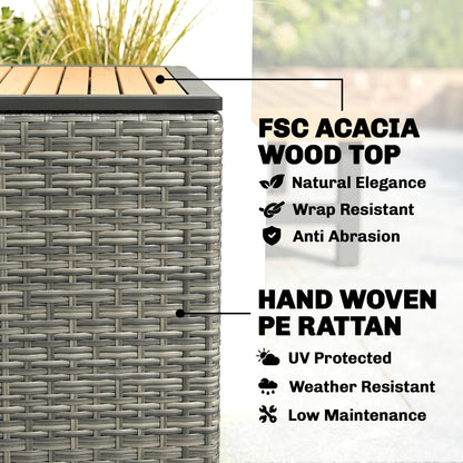 2-in-1 Outdoor Rattan Storage Box 450 L — Waterproof Cushion Box with FSC Acacia Wood Lid, Gas Strut, Lined Interior, UV & Weather Resistant, Dark Gray