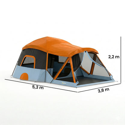 4-Person Tunnel Family Tent with Separate Sleeping & Living Areas, Skylights, PE Groundsheet, 3000 mm Waterproof – Orange/Blue