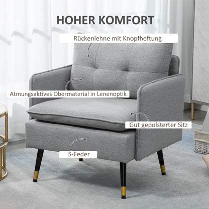 Upholstered Armchair with Cushion Lounge Sofa with Linen Look, Steel Legs, for Living Room, Bedroom, Gray, 76 x 68 x 80 cm