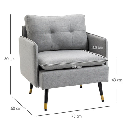 Upholstered Armchair with Cushion Lounge Sofa with Linen Look, Steel Legs, for Living Room, Bedroom, Gray, 76 x 68 x 80 cm