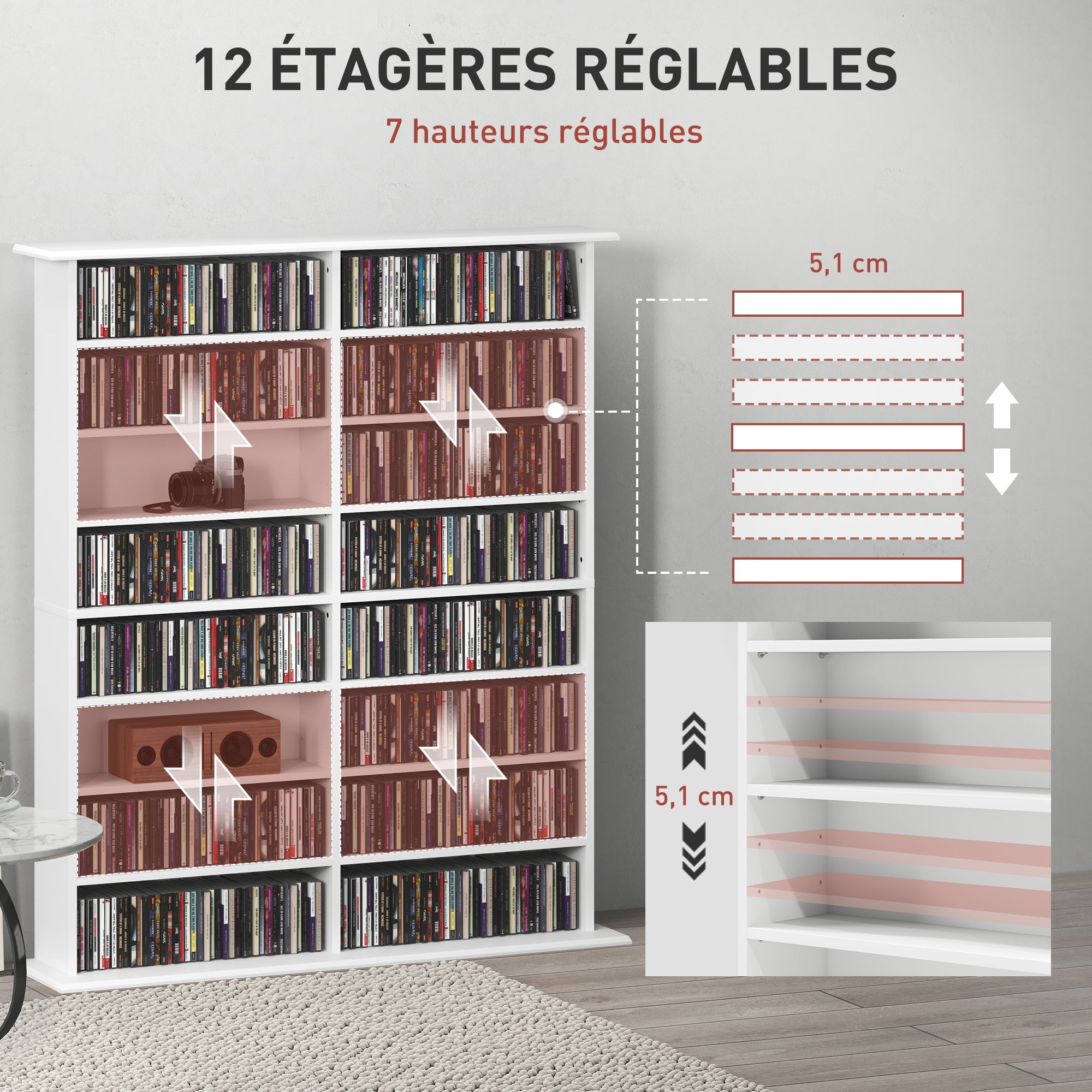 CD and DVD Storage, multimedia storage unit with 16 compartments and 12 adjustable shelves, max capacity 720 CD/396 DVD and Blu-ray, 106.5 x 24 x 123.7 cm, white