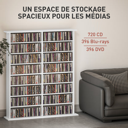 CD and DVD Storage, multimedia storage unit with 16 compartments and 12 adjustable shelves, max capacity 720 CD/396 DVD and Blu-ray, 106.5 x 24 x 123.7 cm, white