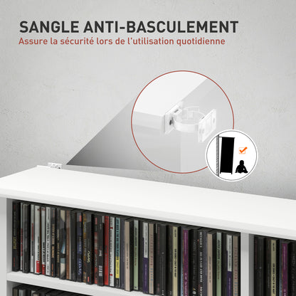 CD and DVD Storage, multimedia storage unit with 16 compartments and 12 adjustable shelves, max capacity 720 CD/396 DVD and Blu-ray, 106.5 x 24 x 123.7 cm, white