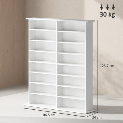 CD and DVD Storage, multimedia storage unit with 16 compartments and 12 adjustable shelves, max capacity 720 CD/396 DVD and Blu-ray, 106.5 x 24 x 123.7 cm, white