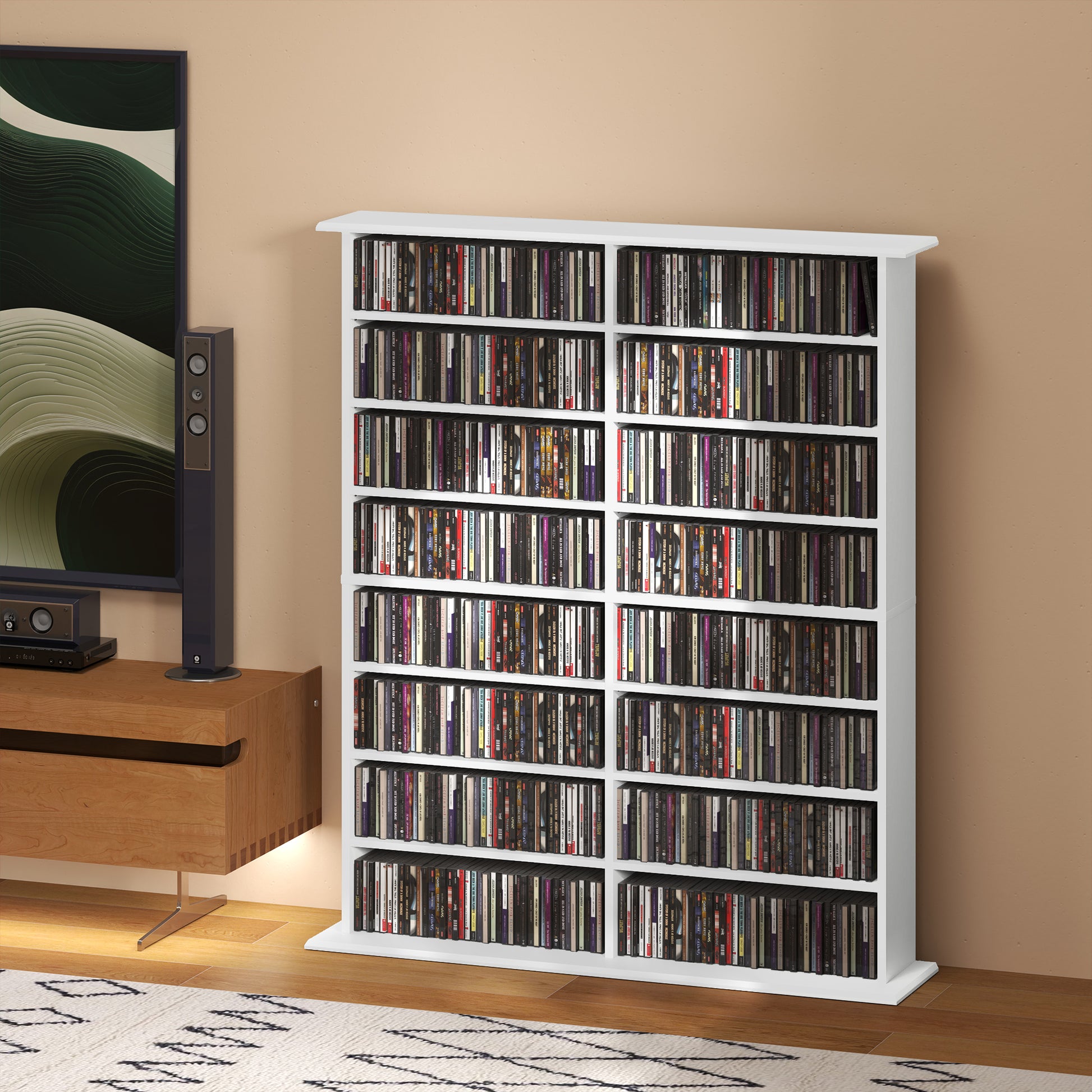 CD and DVD Storage, multimedia storage unit with 16 compartments and 12 adjustable shelves, max capacity 720 CD/396 DVD and Blu-ray, 106.5 x 24 x 123.7 cm, white