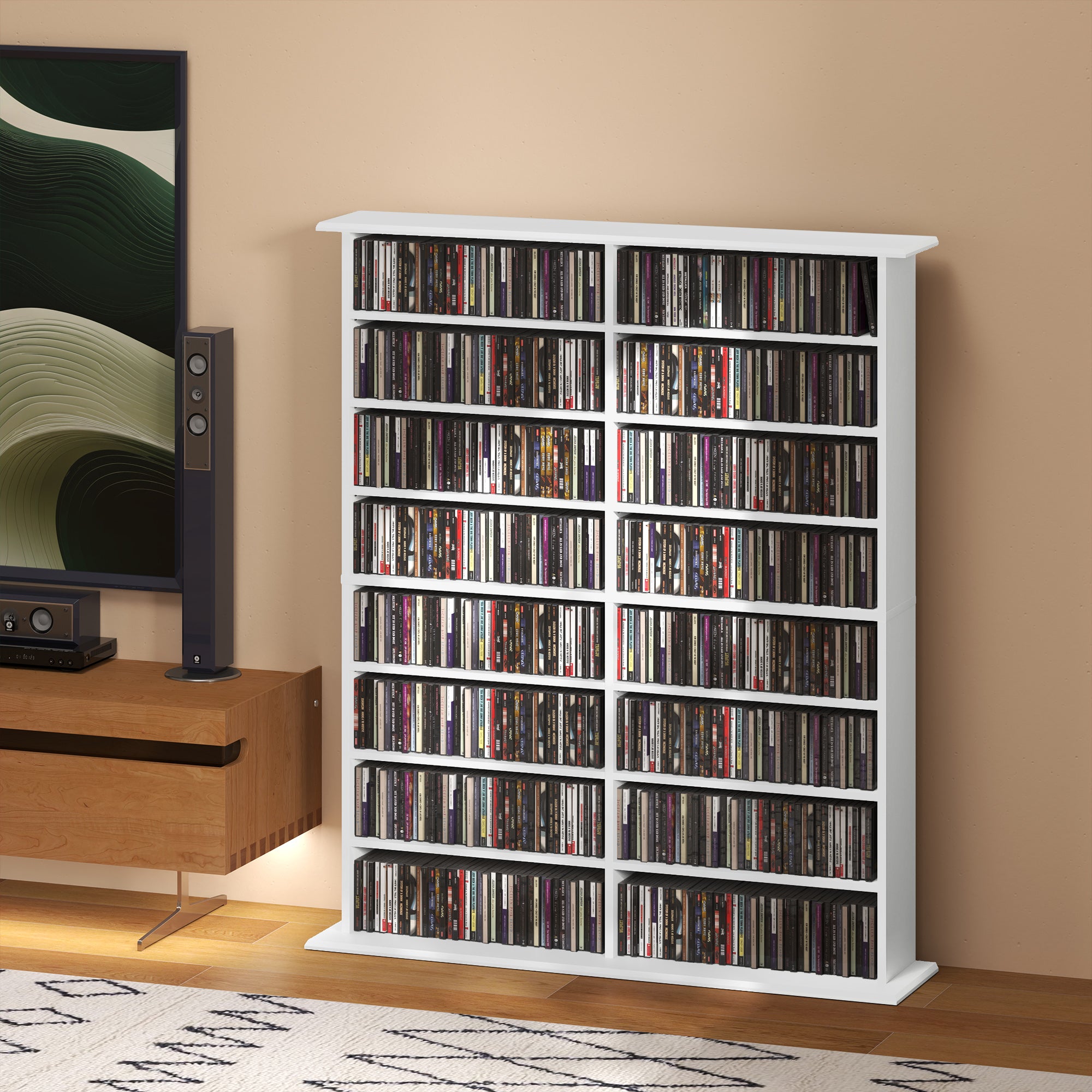 CD and DVD Storage, multimedia storage unit with 16 compartments and 12 adjustable shelves, max capacity 720 CD/396 DVD and Blu-ray, 106.5 x 24 x 123.7 cm, white