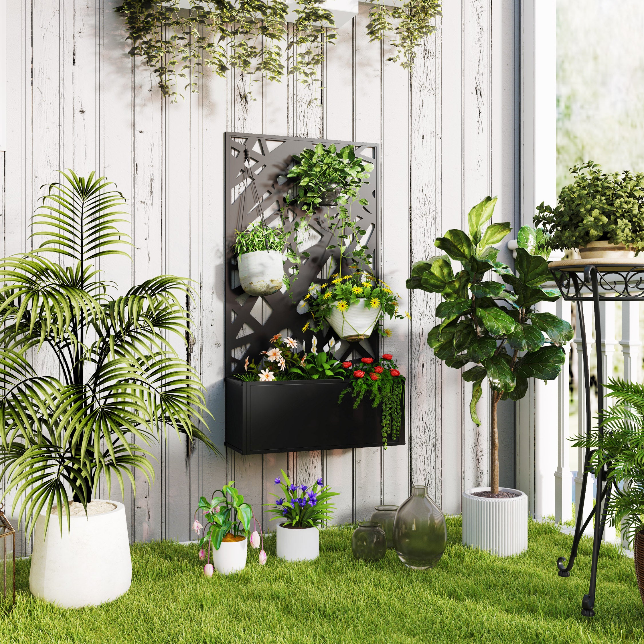 Grid Planter Box, Privacy Screen Paravent, Metal Planter Box for Indoor and Outdoor, Balcony Terrace Garden, 61x23x113 cm, Black