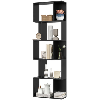 5-Tier S-Shaped Wooden Bookcase, Space-Saving Bookshelf for Living Room, Bedroom, and Office, 60x24x184.5 cm, Black