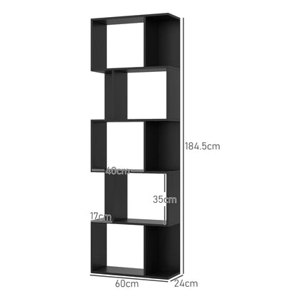 5-Tier S-Shaped Wooden Bookcase, Space-Saving Bookshelf for Living Room, Bedroom, and Office, 60x24x184.5 cm, Black