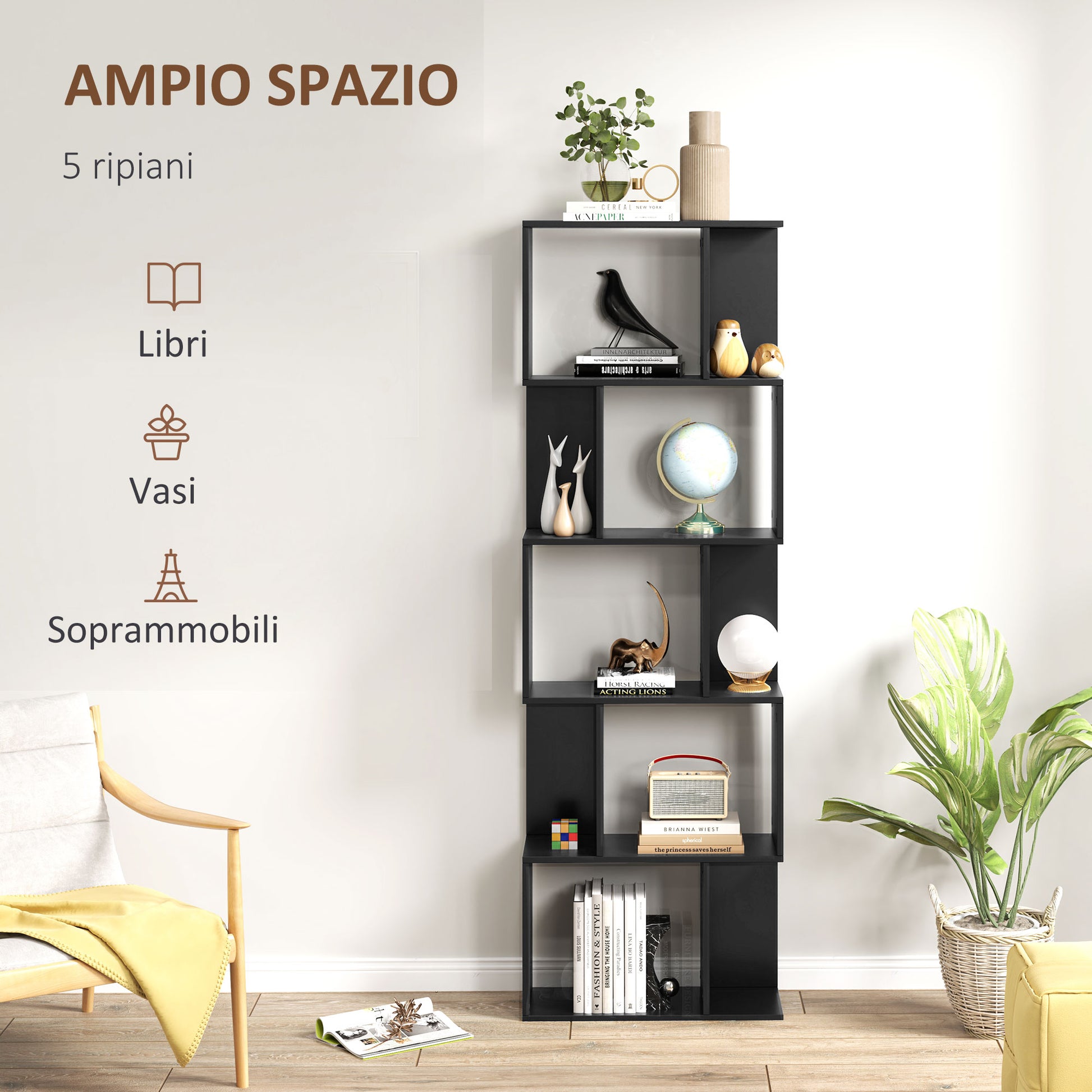 5-Tier S-Shaped Wooden Bookcase, Space-Saving Bookshelf for Living Room, Bedroom, and Office, 60x24x184.5 cm, Black