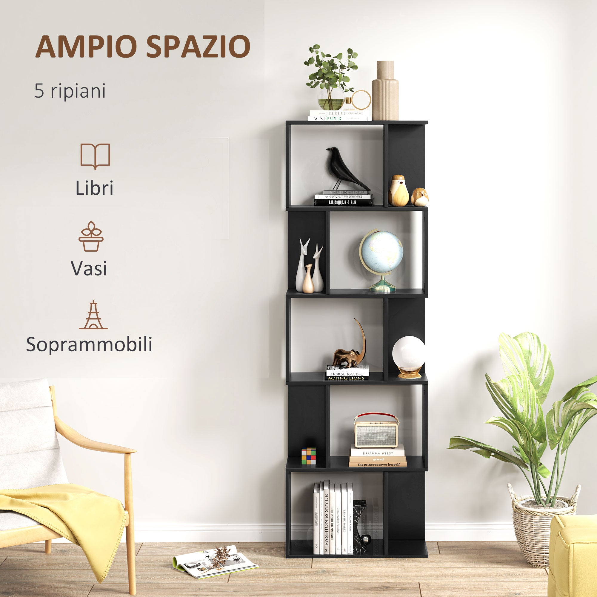 5-Tier S-Shaped Wooden Bookcase, Space-Saving Bookshelf for Living Room, Bedroom, and Office, 60x24x184.5 cm, Black