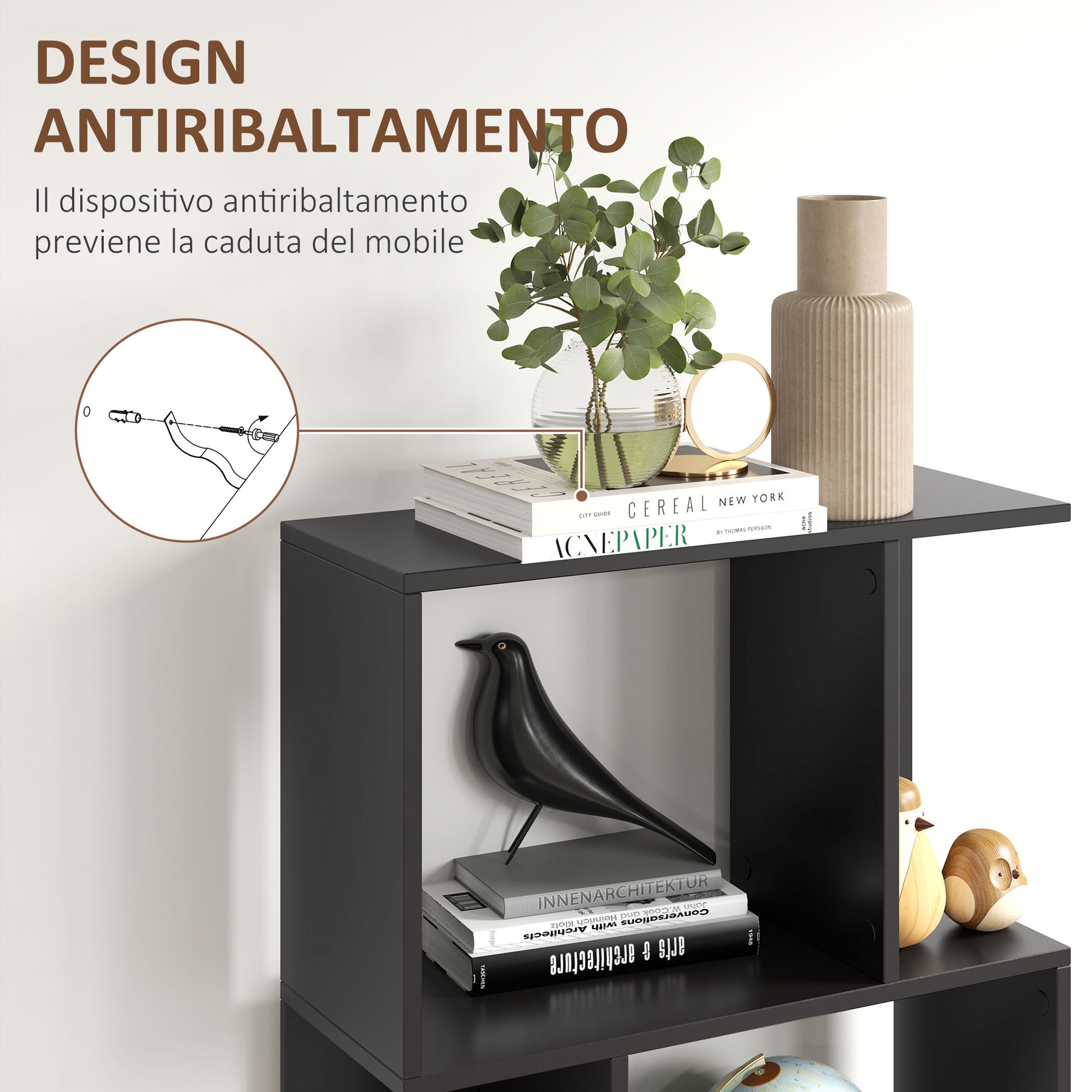 5-Tier S-Shaped Wooden Bookcase, Space-Saving Bookshelf for Living Room, Bedroom, and Office, 60x24x184.5 cm, Black
