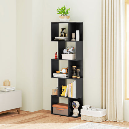 5-Tier S-Shaped Wooden Bookcase, Space-Saving Bookshelf for Living Room, Bedroom, and Office, 60x24x184.5 cm, Black