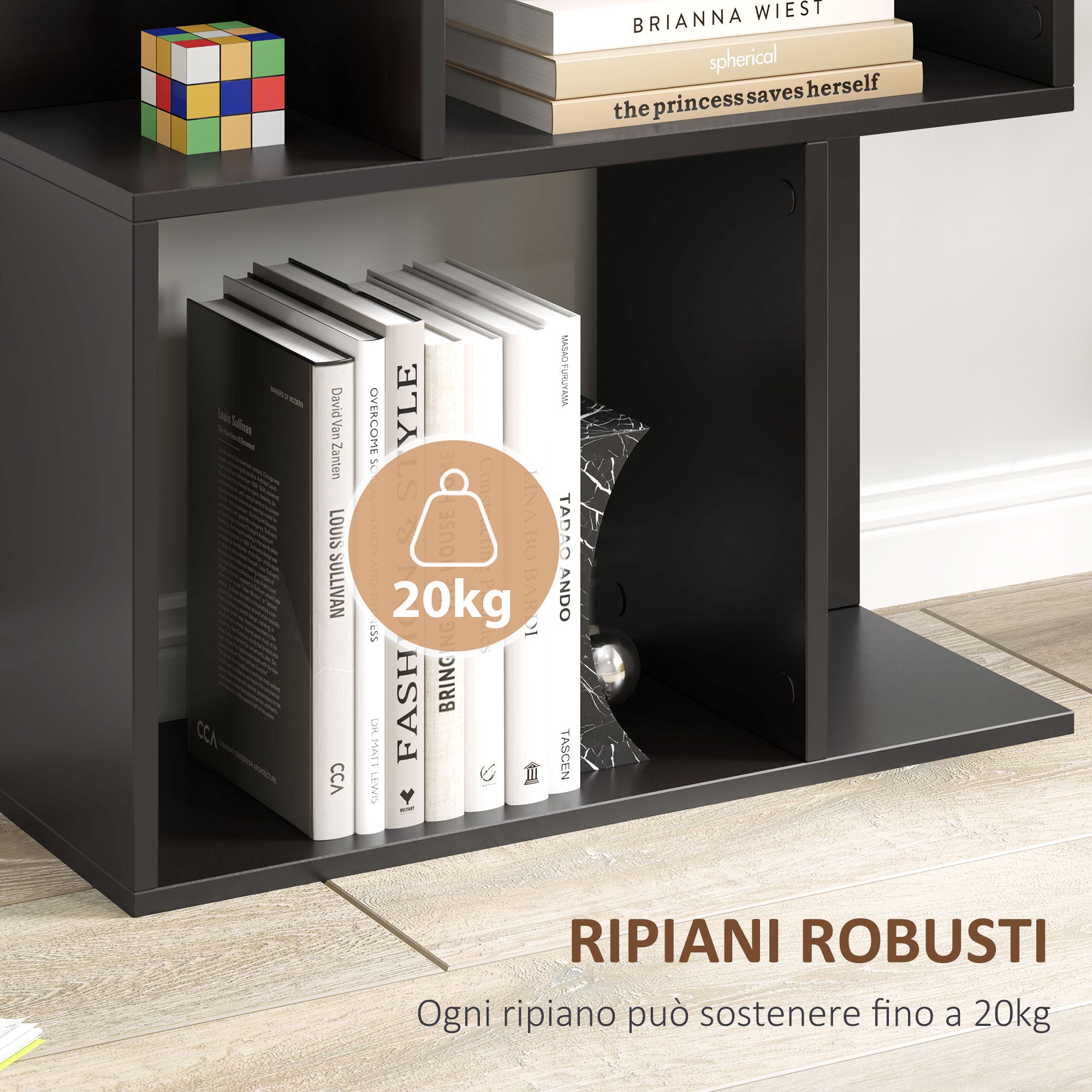 5-Tier S-Shaped Wooden Bookcase, Space-Saving Bookshelf for Living Room, Bedroom, and Office, 60x24x184.5 cm, Black