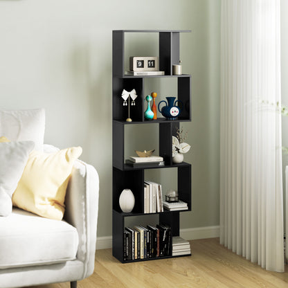 5-Tier S-Shaped Wooden Bookcase, Space-Saving Bookshelf for Living Room, Bedroom, and Office, 60x24x184.5 cm, Black