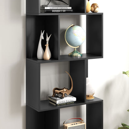 5-Tier S-Shaped Wooden Bookcase, Space-Saving Bookshelf for Living Room, Bedroom, and Office, 60x24x184.5 cm, Black