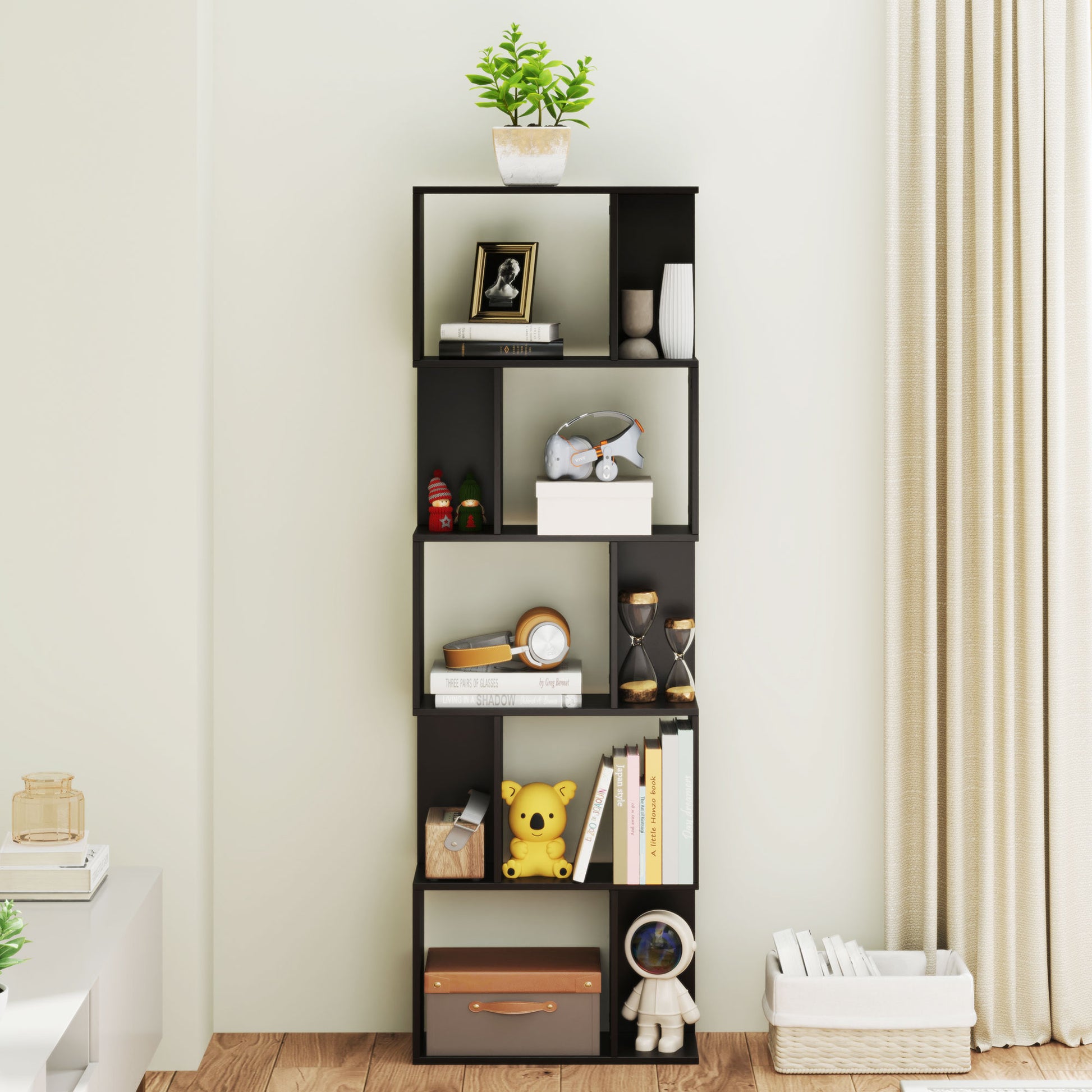 5-Tier S-Shaped Wooden Bookcase, Space-Saving Bookshelf for Living Room, Bedroom, and Office, 60x24x184.5 cm, Black
