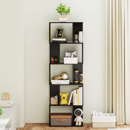 5-Tier S-Shaped Wooden Bookcase, Space-Saving Bookshelf for Living Room, Bedroom, and Office, 60x24x184.5 cm, Black
